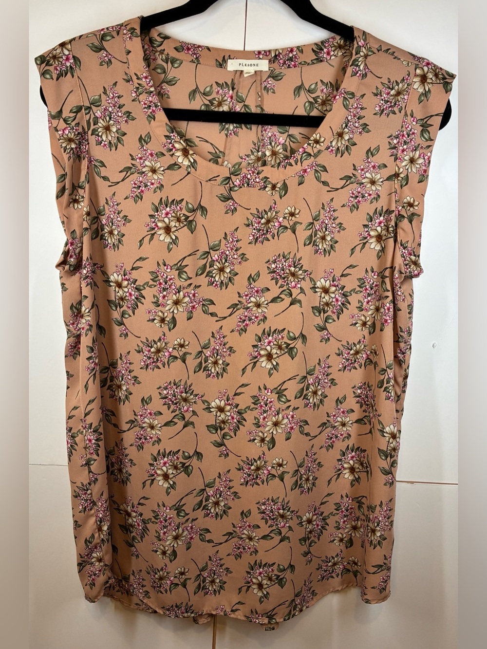 Pleione Floral Scoop Neck Blouse Top Beige Cap Sleeve Career Boho Size Medium